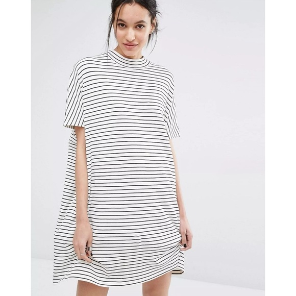 ASOS Just Female Nora Short Sleeve High Neck Ribbed Jersey Knit Minimalist Dress - Picture 1 of 15